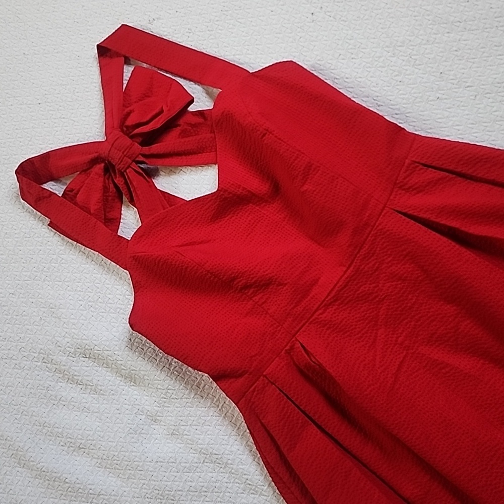 Lauren James Seersucker Cherry Red Bow Back Dress L